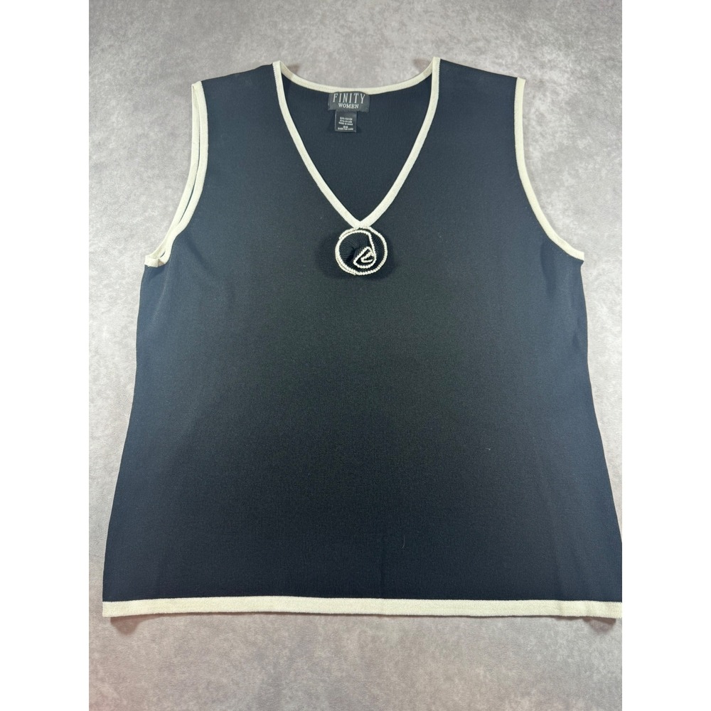 Vintage Y2K Finity Women Knit Sweater Tank Black Ivory Contrast Trim Rosette 2X